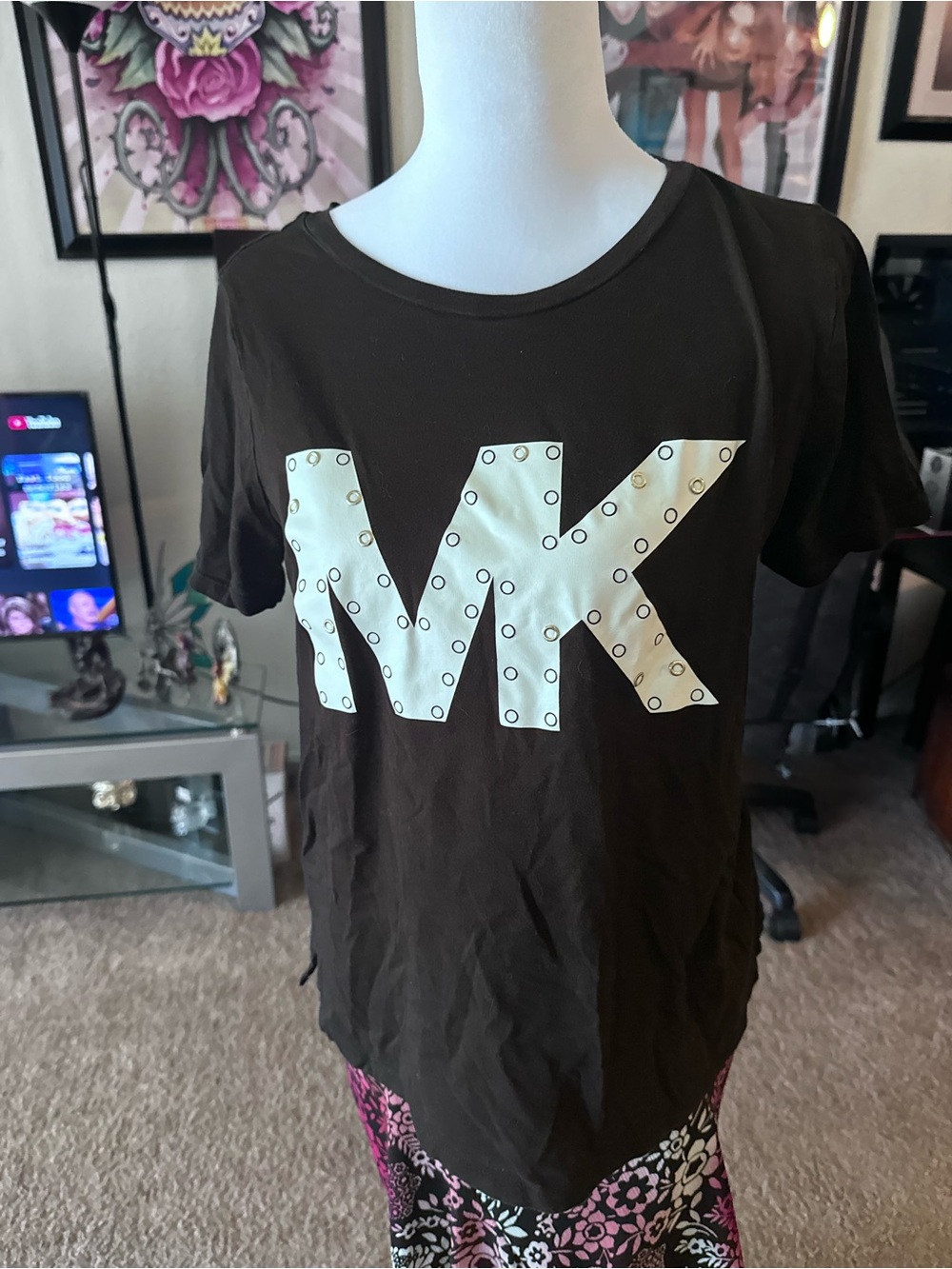 Michael Kors Black Short-Sleeve Tee with Cream Studded MK Logo